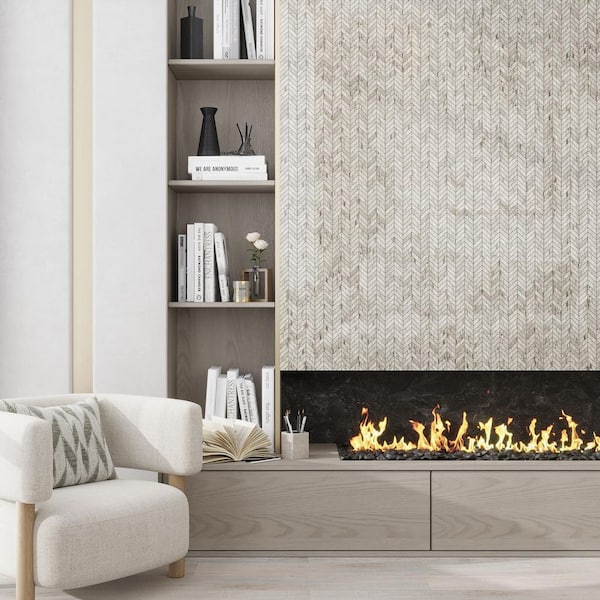 Mirage 11 in. x 13 in. Polished White with Gray Vein Marble Mosaic Chevron Wall and Floor Tile (4.9 sq. ft./case)-5 Pack
