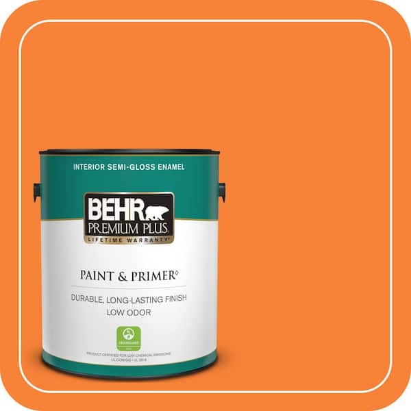 BEHR PREMIUM PLUS 1 gal. #230B-6 Orange Burst Semi-Gloss Enamel Low Odor Interior Paint & Primer