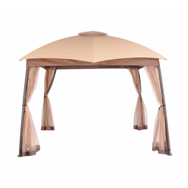 Unbranded 9 ft. x 9 ft. Khaki Soft Top Steel Outdoor Patio Gazebo with Netting and Shelves