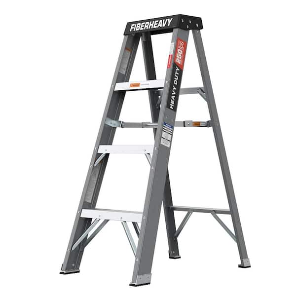 WELLFOR Reach 8 ft. 4-Step Fiberglas Step Ladder in Gray, 250 lb. Load Capacity