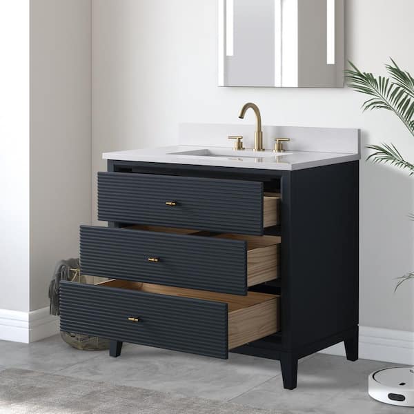 36 in. W x 34 in. H Single Sink Vintage Spruce Blue Bath Vanity Cabinet with Arabescato White Engineered Marble Top