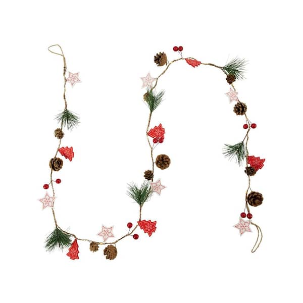 Pre-Lit B/O Tree Star and Pinecone Christmas Garland-6.5 ft. Warm White