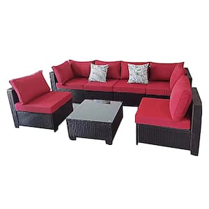 7-Piece Wicker Outdoor Sectional Sofa, Dark Coffee Patio Conversation Set with Coffee Table and Red Cushions