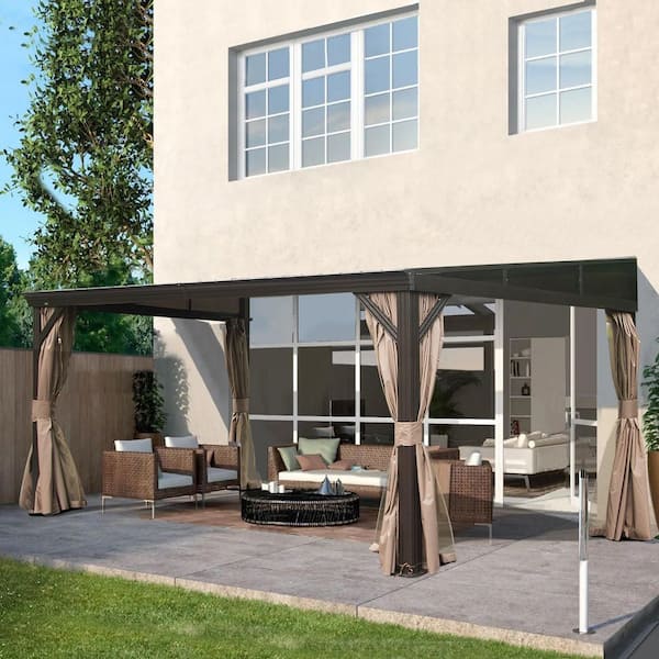 12 ft. x 14 ft. Brown Outdoor Aluminum Frame Galvanized Steel Roof Wall Mounted Gazebo Lean To with Curtains and Netting