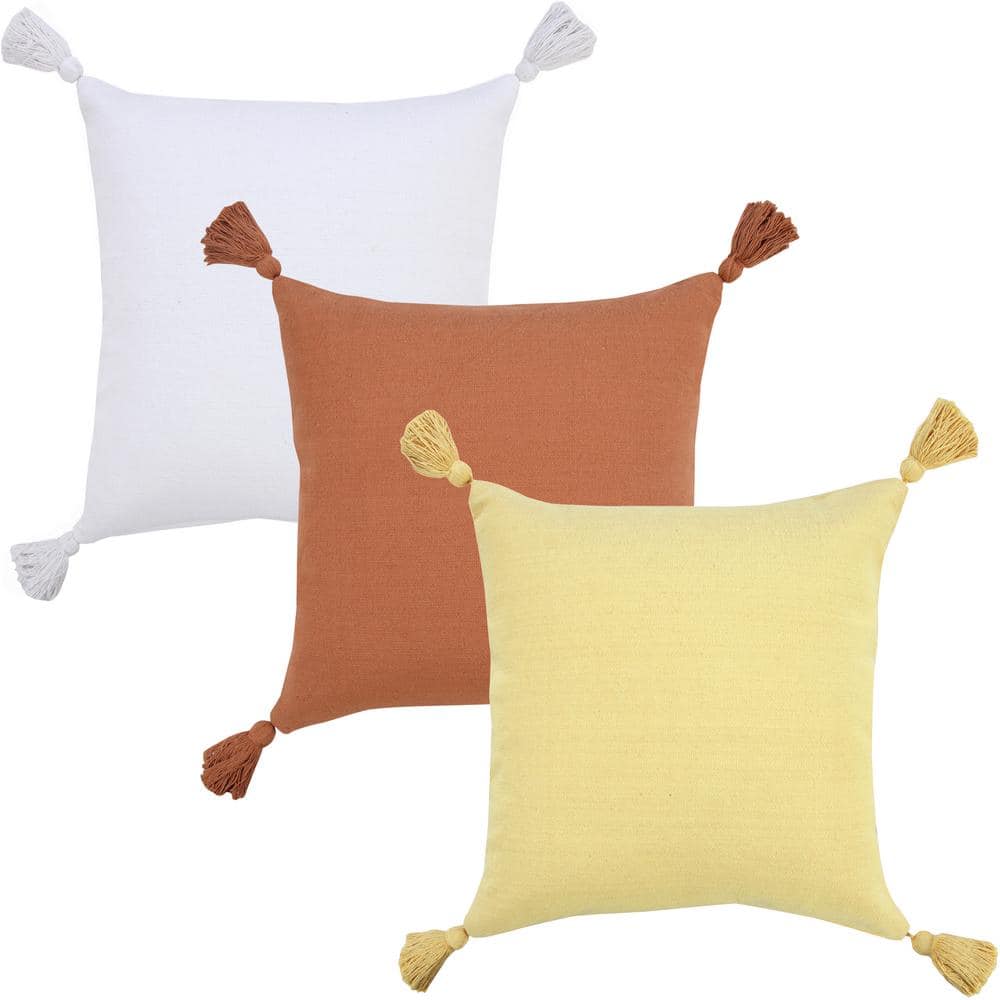 Yellow Cotton Square Throw Pillow with Tassels
