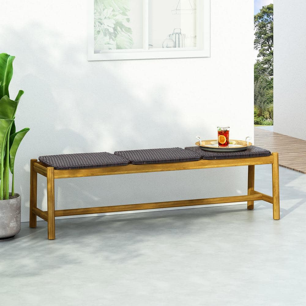 Teak Brown Acacia Wood & Woven Wicker Outdoor Bench