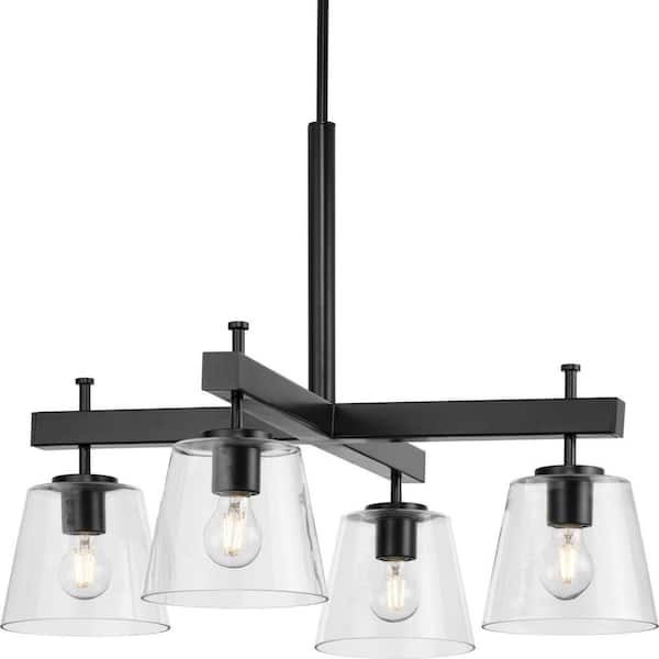 Progress Lighting Saffert 29.38 in. 4-Light Matte Black with Clear Glass Shades New Traditional Chandelier for Dining Room