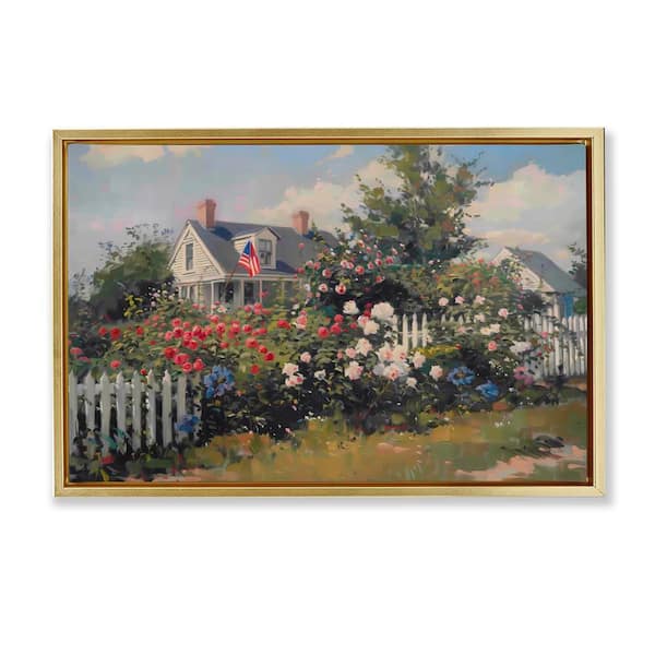 Stupell Industries Patriotic Cottage Garden by Arlington Prints Gold Floater Frame Nature Graphic Art Print 17 in. x 25 in.