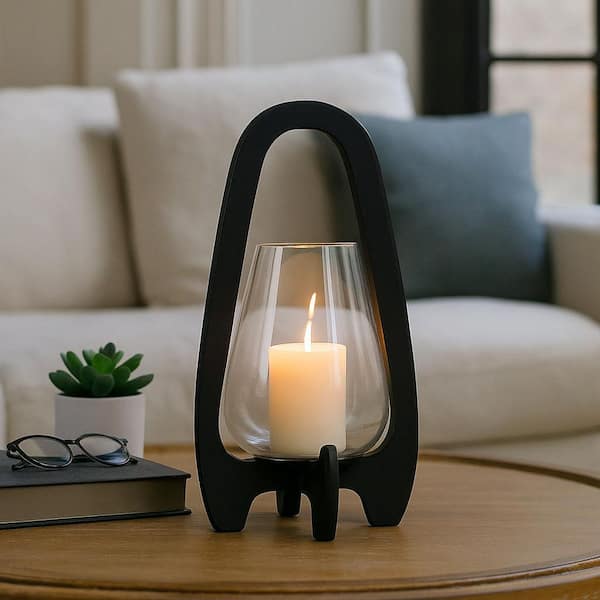 Liv & Skye 15 in. Black Wood and Glass Hurricane Lantern Candle Holder with Open Frame