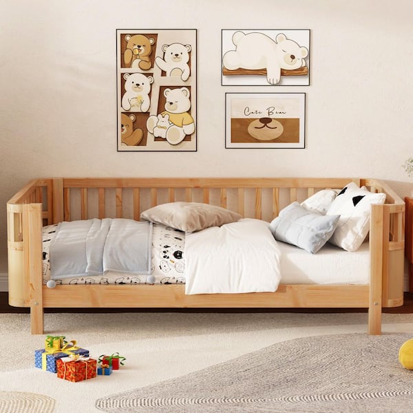 anpport Natural Wood Low Profile Twin Bed Frame with Rails