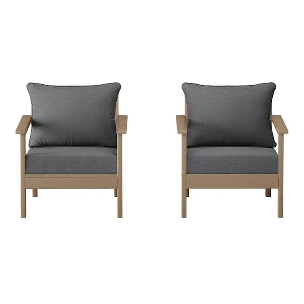 Birchwood Weathered Wood Outdoor Patio (Set of 2) Deep Seating HDPE Lounge Chairs w/ Gray Cushions