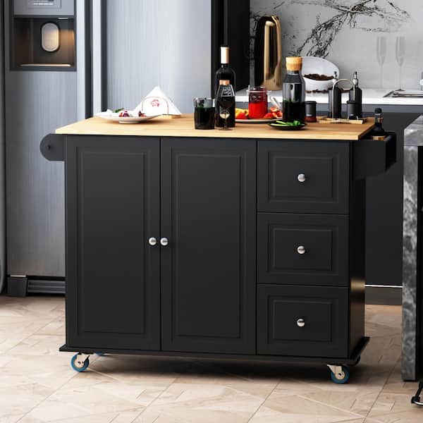 FAMYYT Mobile Black Drop Leaf Rubber Wood Countertop 51 in. Kitchen Island with Drawers, Towel/Spice Rack