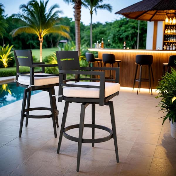 Black Aluminum Swivel Outdoor Bar Stools with Sunbrella White Cushion (Set of 2)