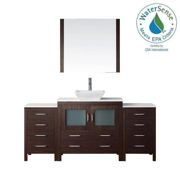 Virtu USA Dior 73 in. W Bath Vanity in Espresso with Stone Vanity Top in White with Square Basin and Mirror
