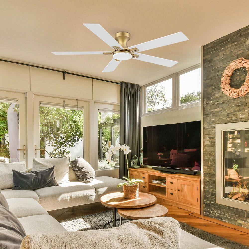 52 in. Gold Low Profile Flush Mount Outdoor Indoor Ceiling Fan with LED Light,Remote/App/Alexa Google DC Motor, 6 speeds price history on PriceWatchPro