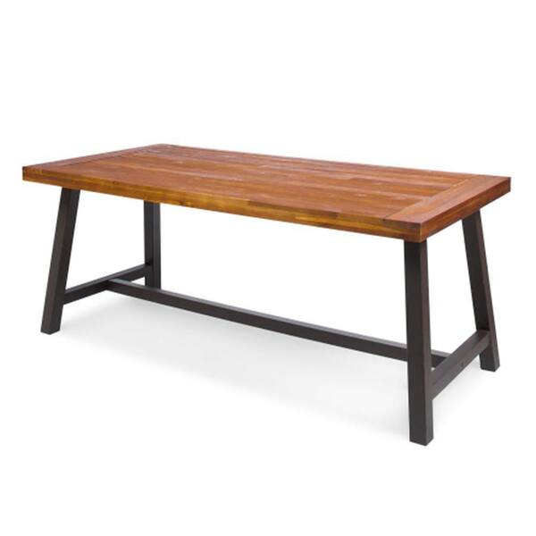Brown Sandblast Finish Acacia Wood Outdoor Dining Table with Rustic Black Metal Finished Iron Frame