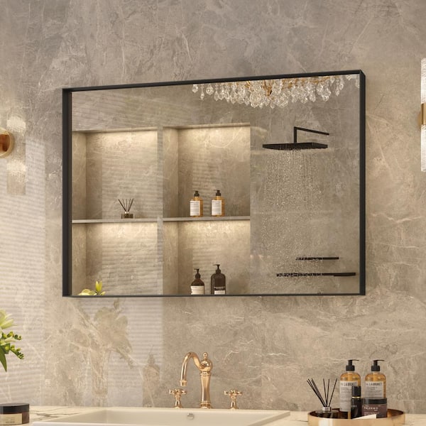 36 in. W x 24 in. H Rectangular Aluminum Beveled Edge Horizontal and Vertical Wall Bathroom Vanity Mirror in Black
