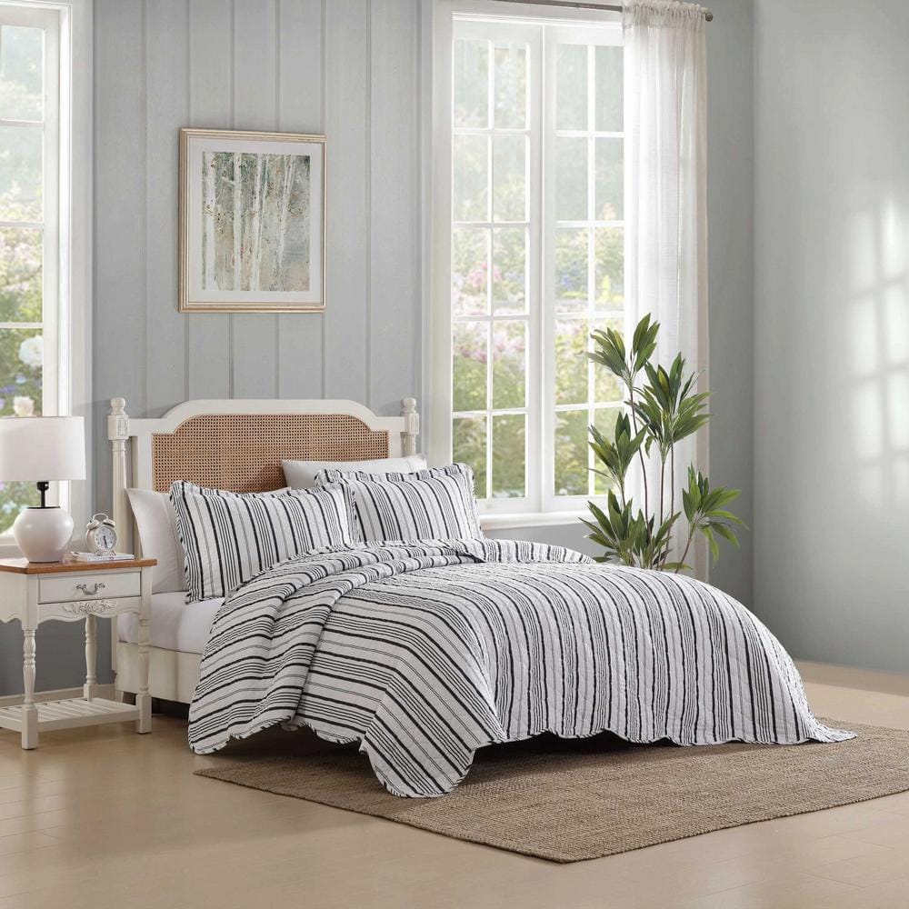 Gray and White Striped Cotton Twin Quilt Set