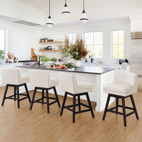 OrangeOne Zorro 27 in.Linen Fabric Upholstered Swivel Counter Stool Wood Frame Double Cushion Swivel Bar Stool Set of 4