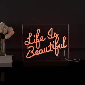 Life is Beautiful 13.7 in. x 10.9 in. Contemporary Glam Acrylic Box USB Operated LED Neon Night Light, Orange