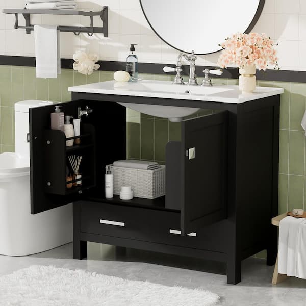 36 in. Freestanding Black Bath Vanity with White Ceramic Top Soft Closing Door and Drawer