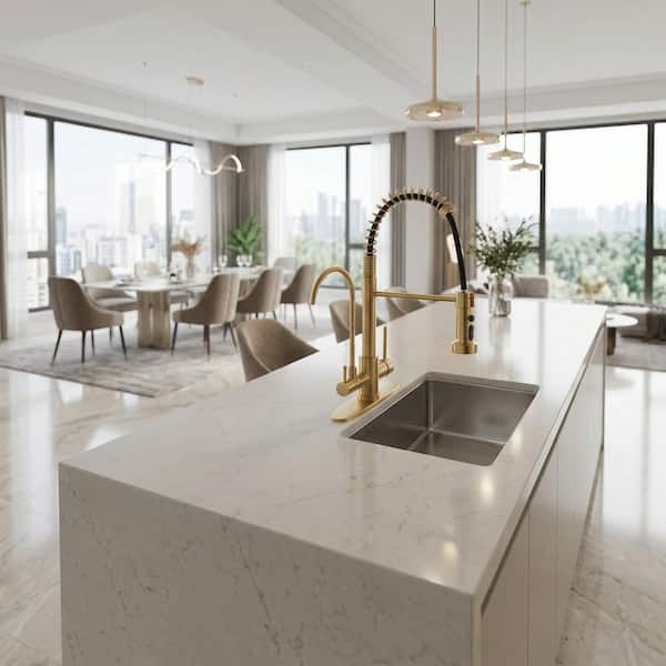 17.5 in. Double Handle 360° Pull Down Sprayer Kitchen Faucet with Drinking Water Filler and 3-Mode Spout in Brushed Gold
