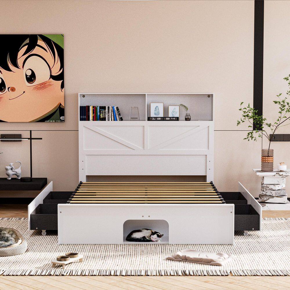 White Wooden Frame Queen Size Platform Bed, Panel Bed with 4 Large Drawers, 2 Open Shelves and Cat Tunnel - thumbnail 4
