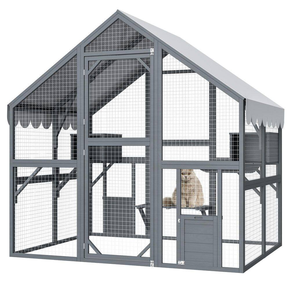 Outdoor Large Cat House Luxury Wooden Cat Run Enclosure Grey Walk-in Cat Catio Kitten Condo with 2 Cat Doors price history on PriceWatchPro
