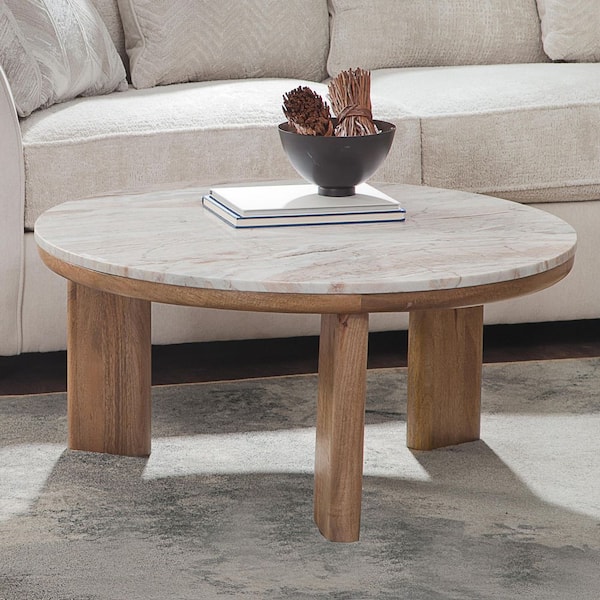 Sidney 36 in. Brown Marble Top Round Cocktail Coffee Table