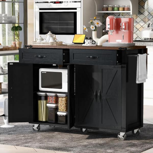 Black Wood 53.5 in. W Farmhouse Rolling Kitchen Island Cart with Drop Leaf and Power Outlet