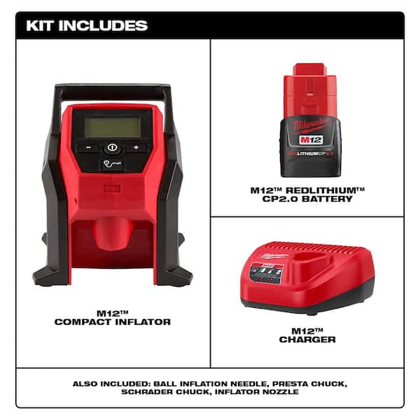 Milwaukee M12 Cordless Inflator w/2.0 Ah Battery and Charger with M12 Fuel Brushless Cordless Stubby 3/8 in. Impact Wrench