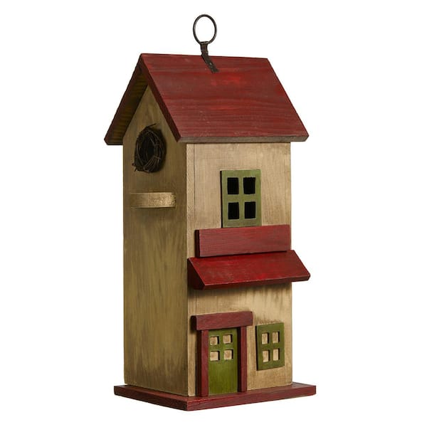 Glitzhome 14.25 in. H Washed Yellow Distressed Solid Wood Cottage Decorative Outdoor Garden Birdhouse