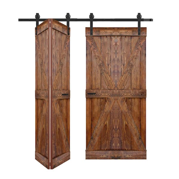 K Style 60 in. x 80 in. (15 in. x 80 in. x 4 Panels) Classic Walnut Solid Wood Bi-Fold Door Hardware Kit-Assembly Needed