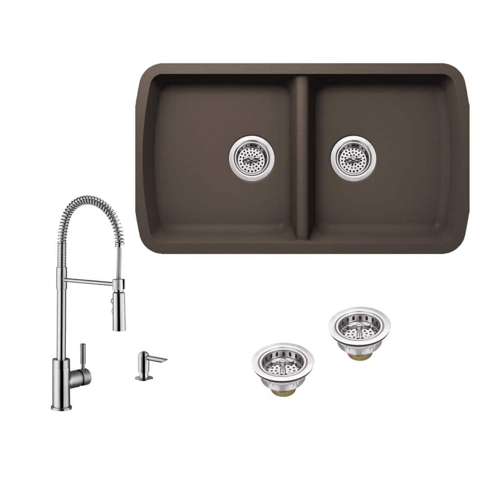 IPT Sink Company All-in-One Undermount Quartz Composite 34 in. 50/50 Double Bowl Kitchen Sink in Brown with Faucet in Brushed ...