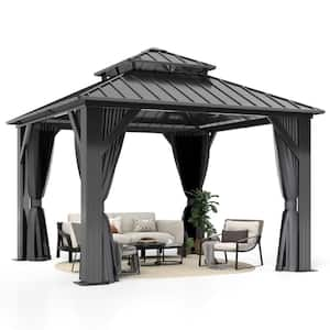 10 ft. x 10 ft. Outdoor Double Roof Aluminum Frame Patio Gazebo with Curtains and Netting