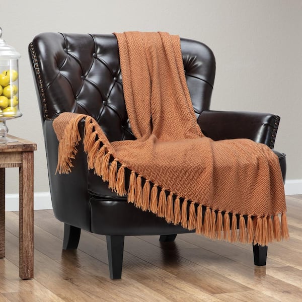 CHANASYA Maze Cinnamon Knit Acrylic Throw Blanket with Tassels, 50 x 65 in.