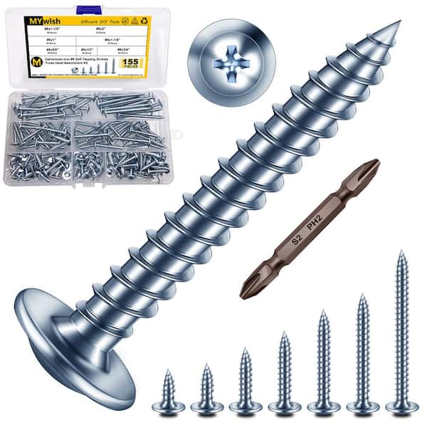 MYWISH 155-Piece #8 Truss Head Wood Screws Kit, Galvanized Zinc, Self-Tapping for Wood, Plastic and DIY Projects