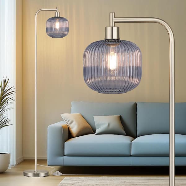 ROTTOGOON 67 in. Brushed Silver Arc Floor Lamp with Blue Ribbed Glass ...