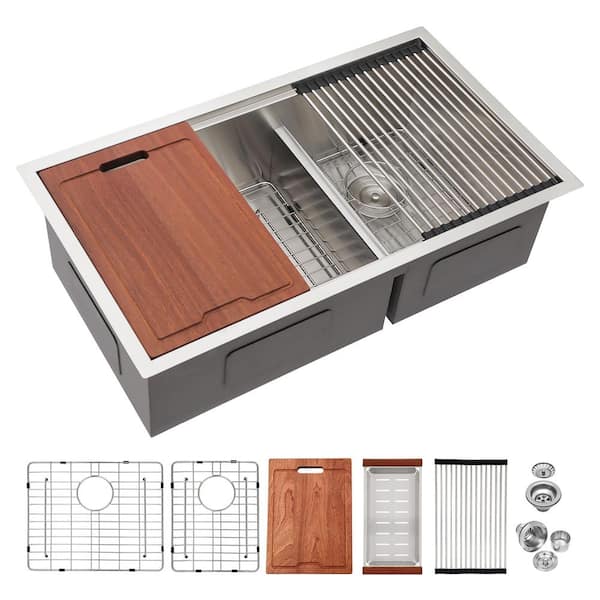 cadeninc 30 in. x 19 in. Undermount Double Bowl(60/40) 16-Gauge Stainless Steel Kitchen Sink with Strainer and Cutting Board