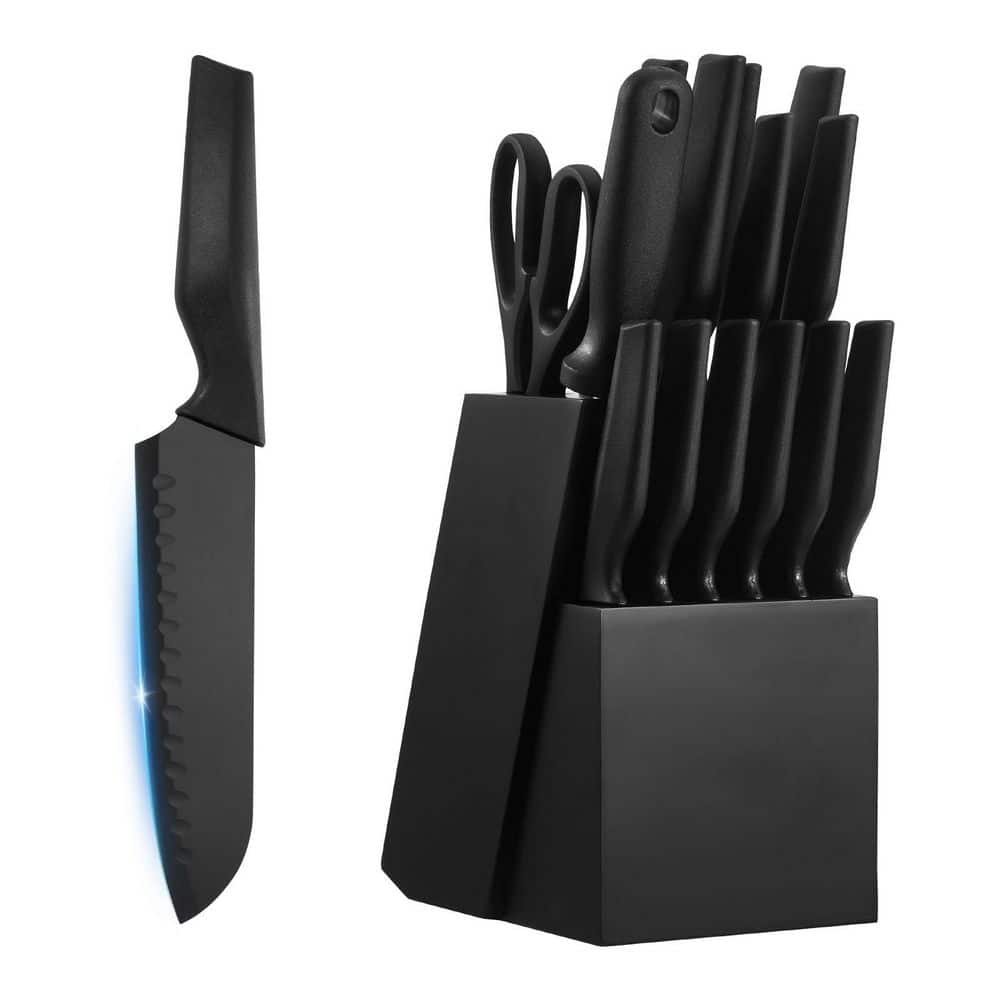 Kitchen Knife Set with Block and Sharpener, Stainless Steel, w/ PP Ergonomic Handle, Sharpening Rod and Block, 15-Piece