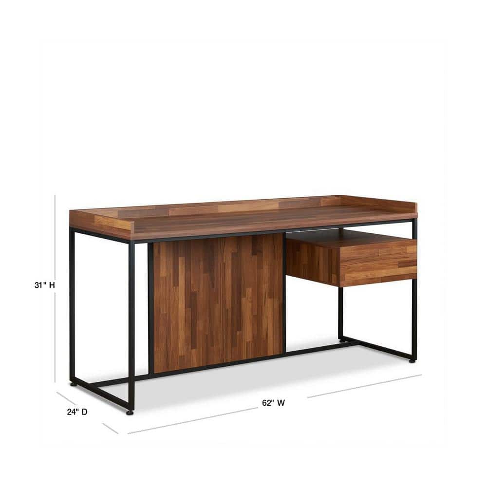 Walnut and Black Wood Desk with Drawer and Metal Frame