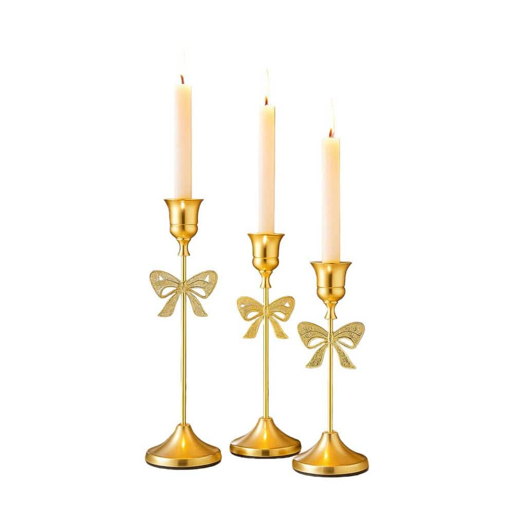 Set of 3 Gold Candlestick Holders for Taper Candles, Gold Candle Holders, Metal Tall Taper Candle Holder Stands for Home Decor Wedding Party Table Centrepiece Decoration(Bell Style