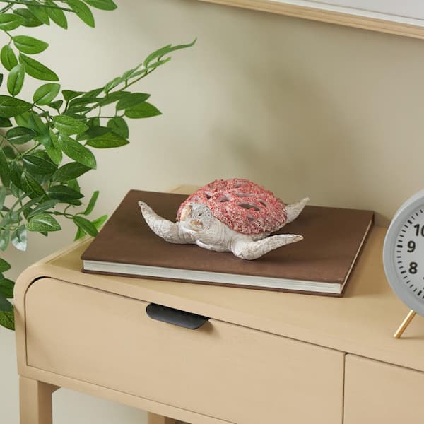 Litton Lane 3 in. x 8 in. Red Polystone Textured Swimming Sea Turtle Sculpture with Red Shell
