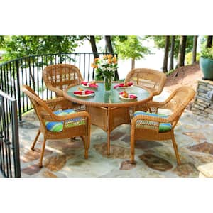 Portside 5-Piece Amber Wicker Outdoor Dining Set with Haliwell Caribbean Cushions (Wicker Chair and Dining Table Bundle)