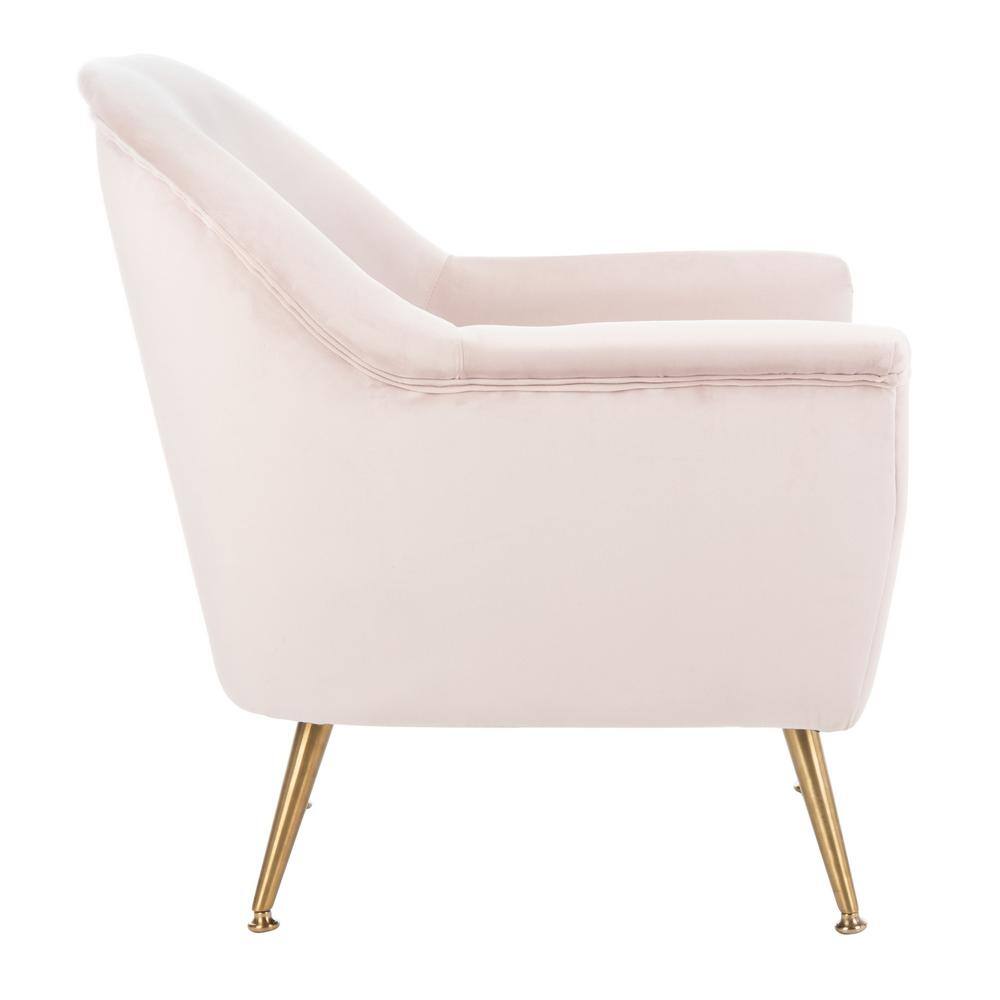 Blush Pink Velvet & Wood Contemporary Arm Chair with Brass Legs