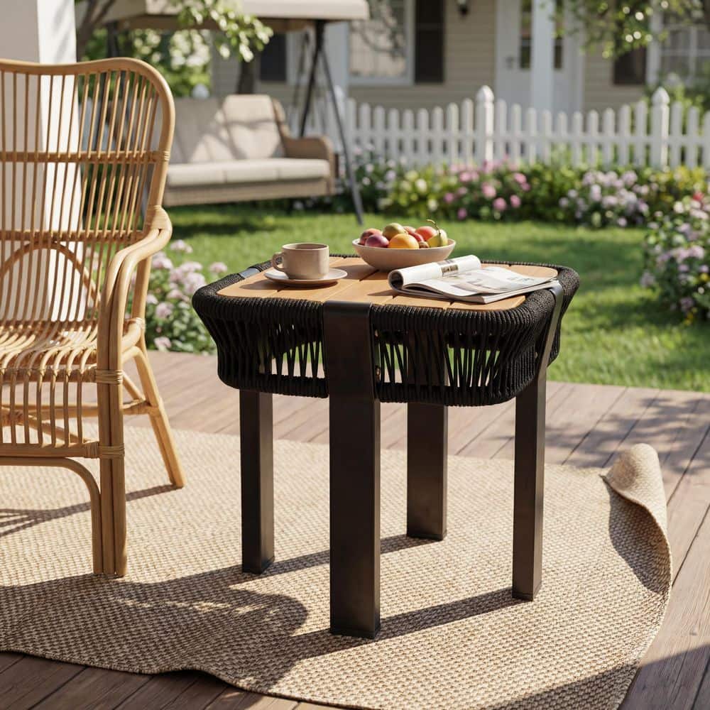 Orion Black and Teak Finish Solid Wood Top Square Patio Outdoor Side Table, Rope Metal Frame price history on PriceWatchPro