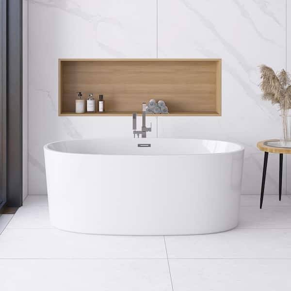 Staykiwi 63 in. x 31 in. Freestanding Acrylic Soaking Bathtub in Glossy White
