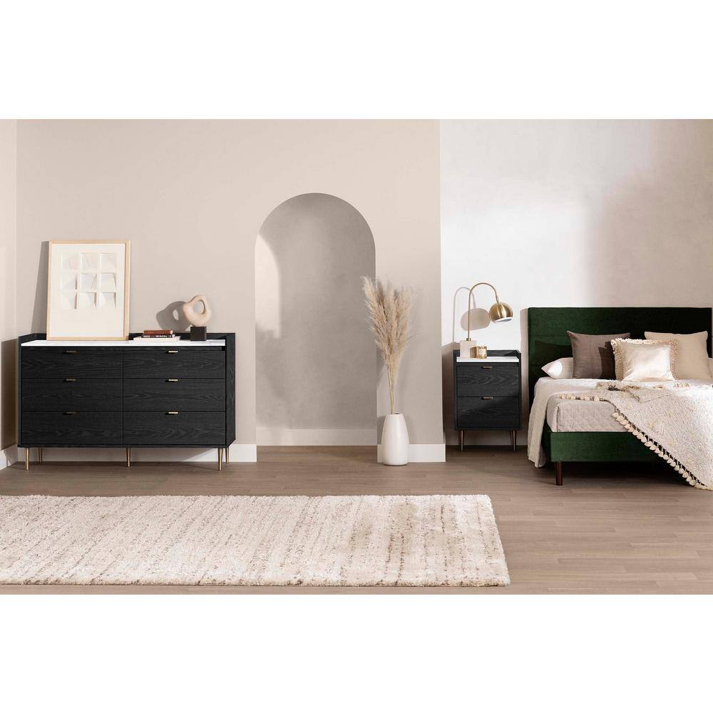 Black Oak and Faux Carrara Marble 2-Drawer Nightstand with Brass Legs