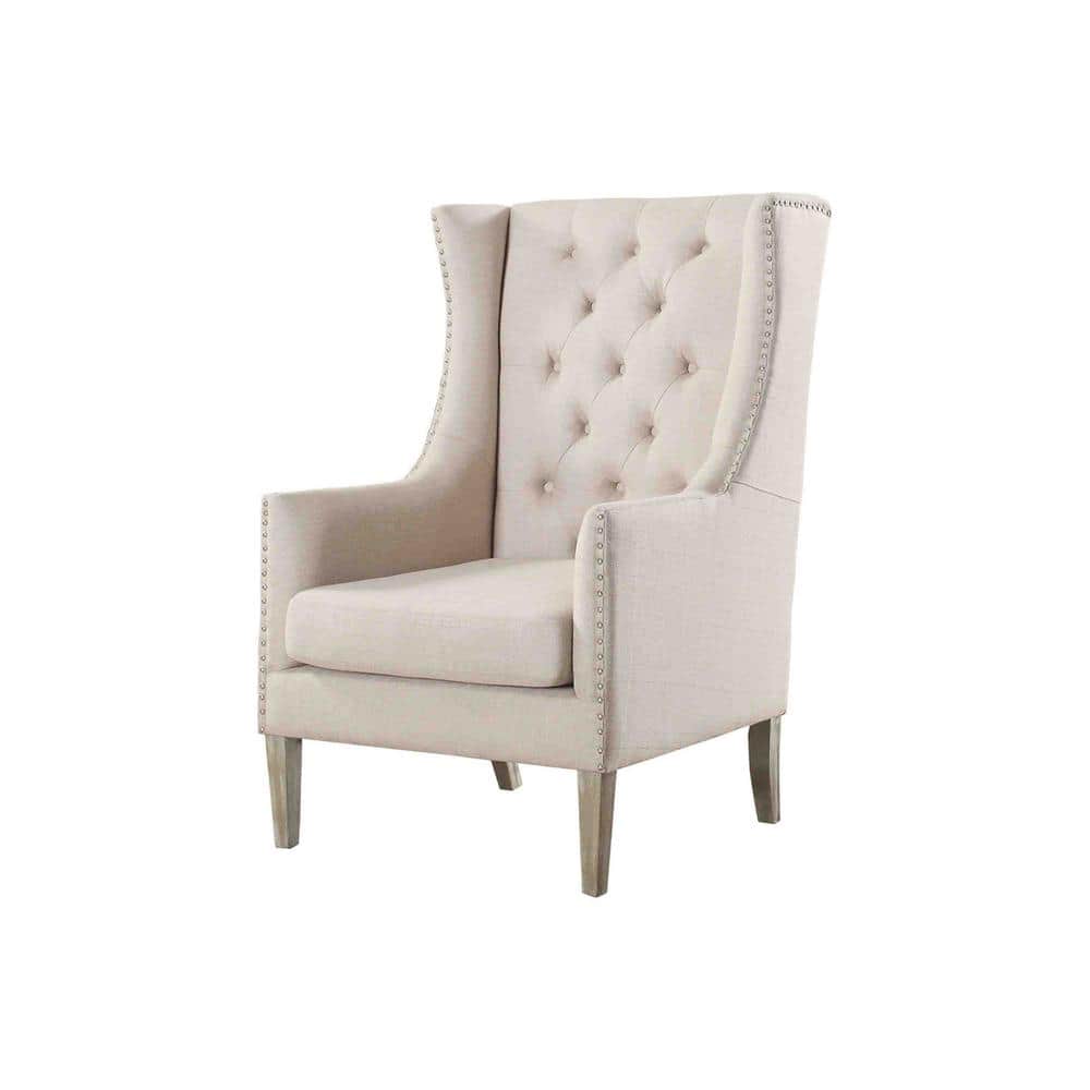 Beige Slope Arm Faux Leather Accent Chair with Wood Frame