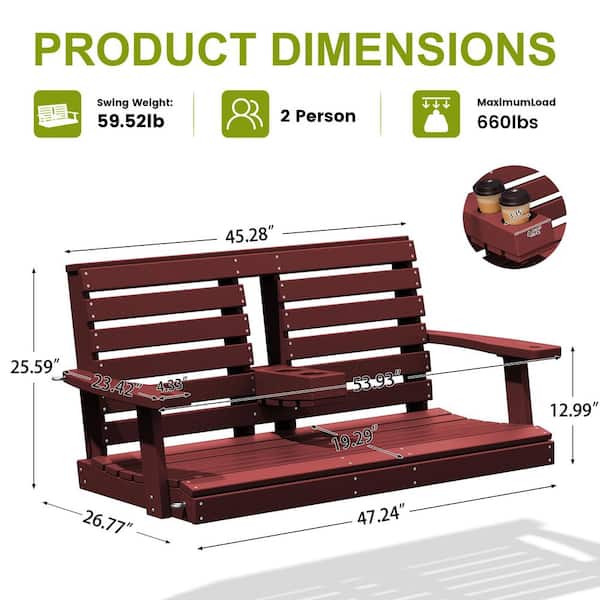 2-Person HDPE Plastic Outdoor Porch Swing in Red